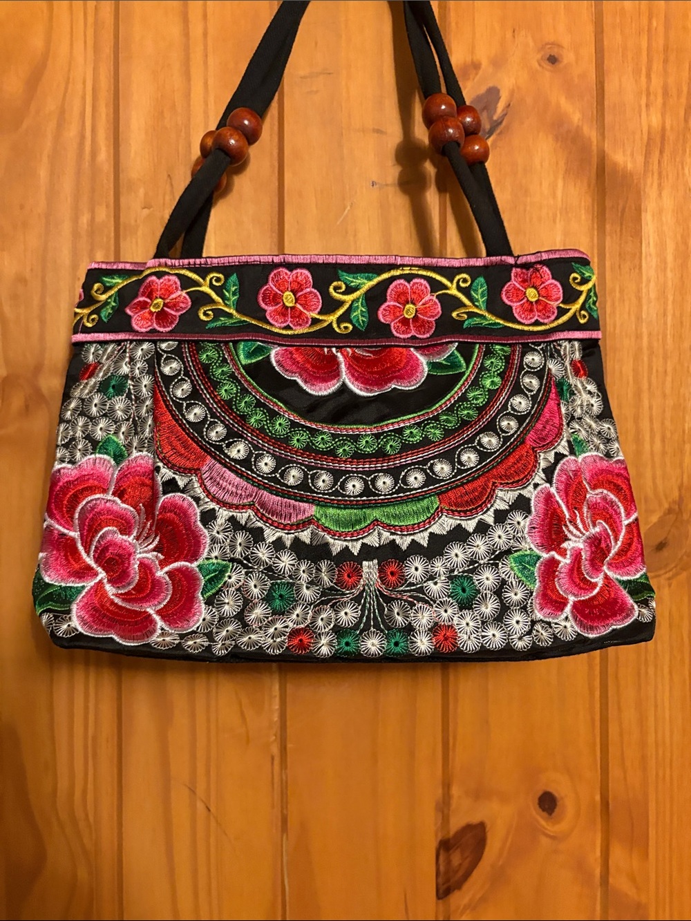 Hand-Embroidered Floral Shoulder Bag in Black and Pink
